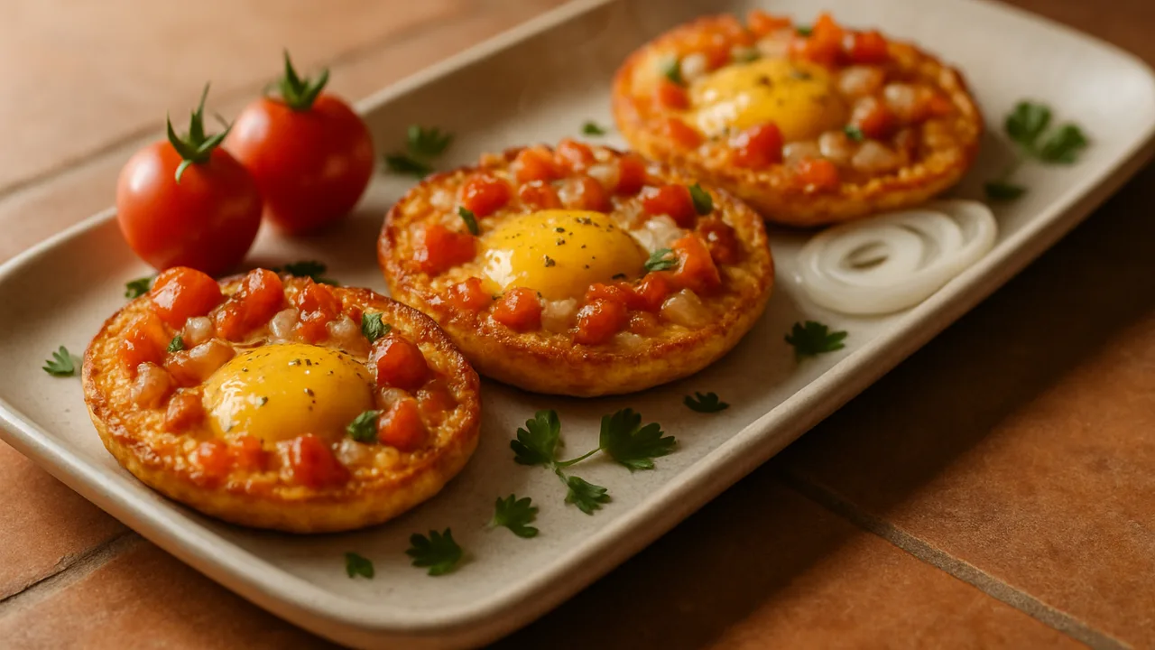 Würzig Ei mit Tomaten aus dem Airfryer mit Eier und Tomaten, auf Terracotta-Fliesen angerichtet.