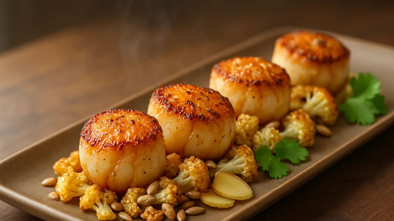 Würzig Jakobsmuscheln-Ingwer mit Sonnenblumenkernen aus dem Airfryer mit Jakobsmuscheln und Ingwer, auf dunklem Walnussholz …