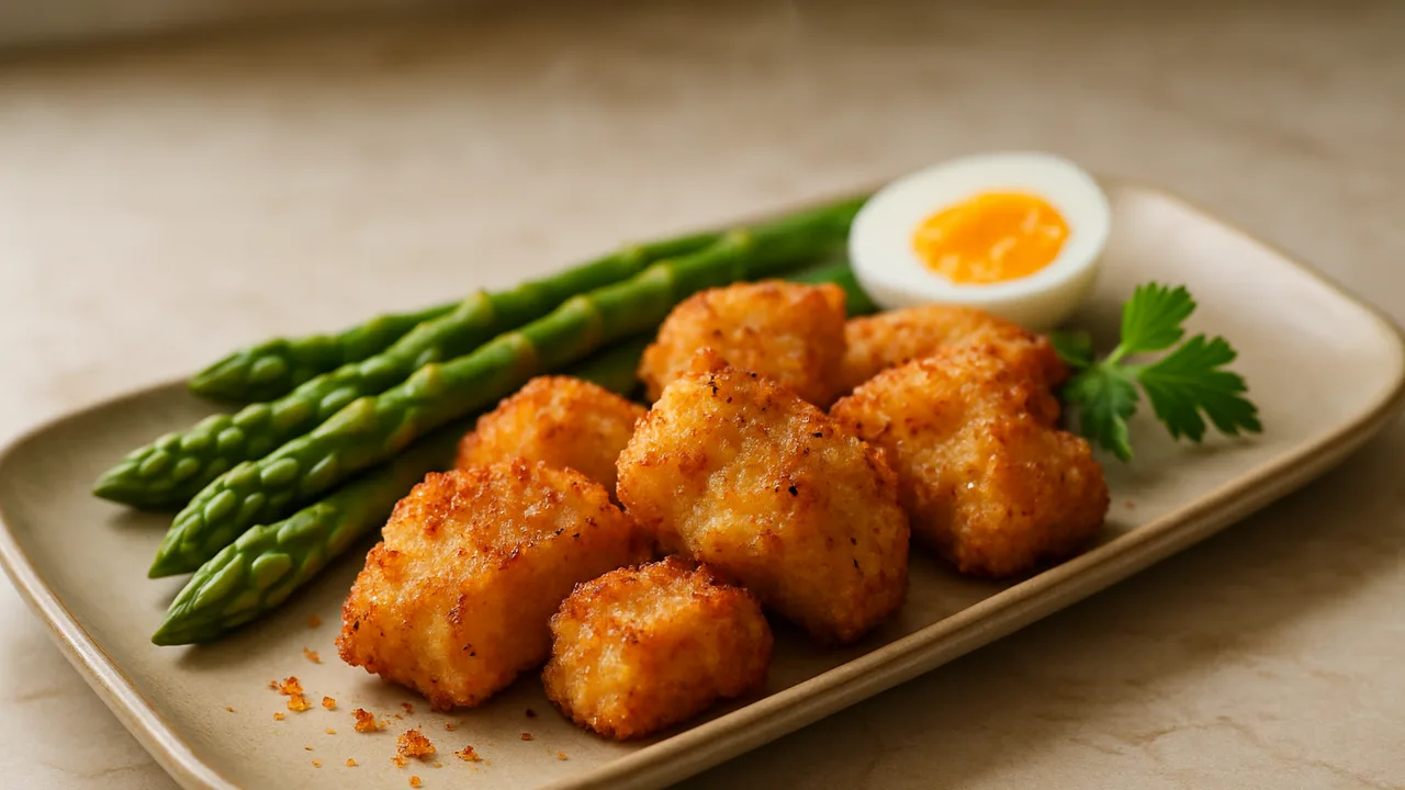Würzige Kabeljau Nuggets mit Spargel aus dem Airfryer mit Kabeljaufilet und Ei, auf beigem Marmor angerichtet.