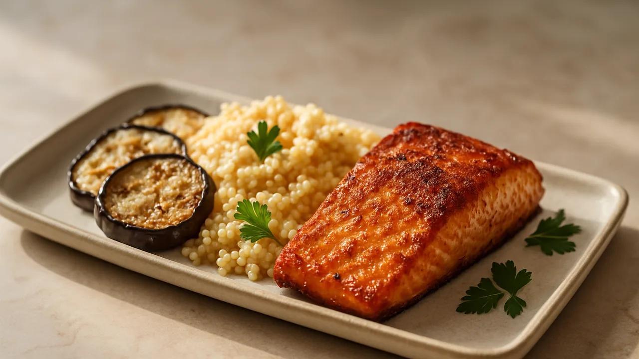 Würzig Lachs Bowl mit Hirse und Aubergine aus dem Airfryer mit Lachsfilet und Hirse, auf beigem Marmor angerichtet.