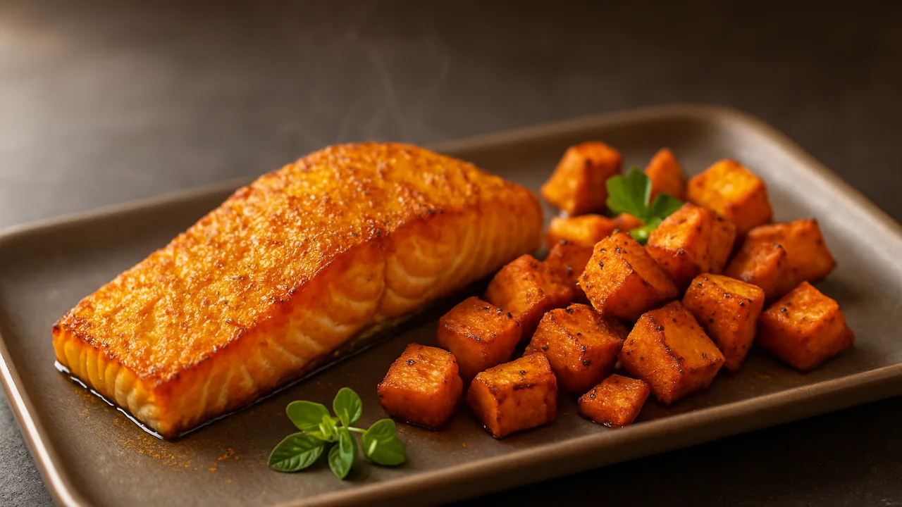 Würzig Lachs mit Süßkartoffel aus dem Airfryer mit Lachsfilet und Süßkartoffel, auf dunklem Schiefer angerichtet.