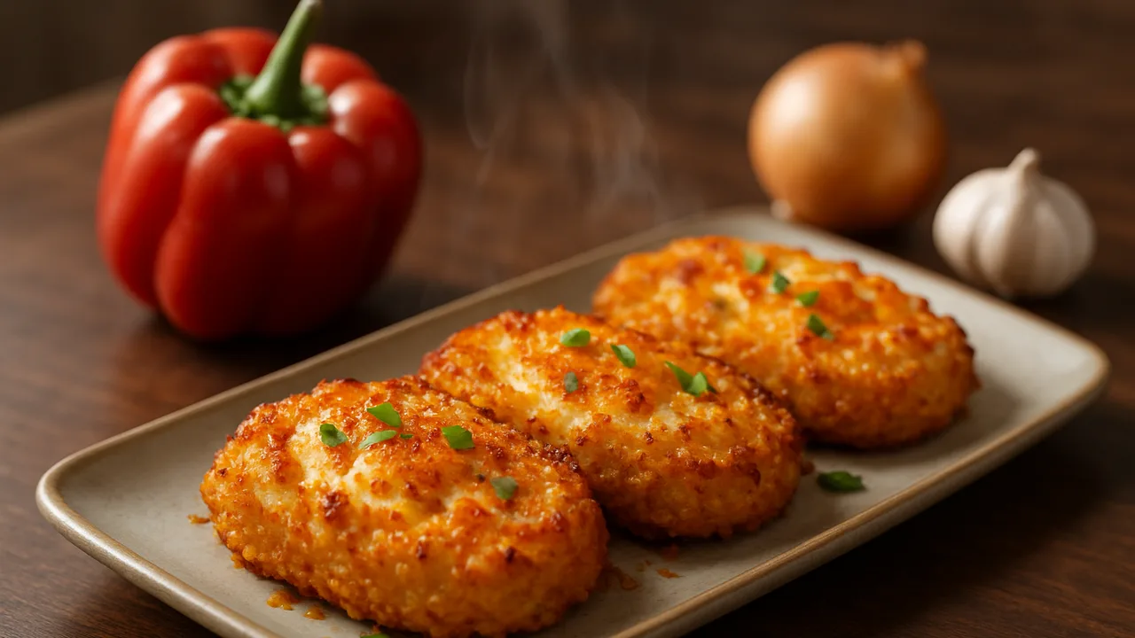 Würzig Paprika-Ei-Röstchen aus dem Airfryer mit Paprika und Zwiebel, auf dunklem Walnussholz angerichtet.