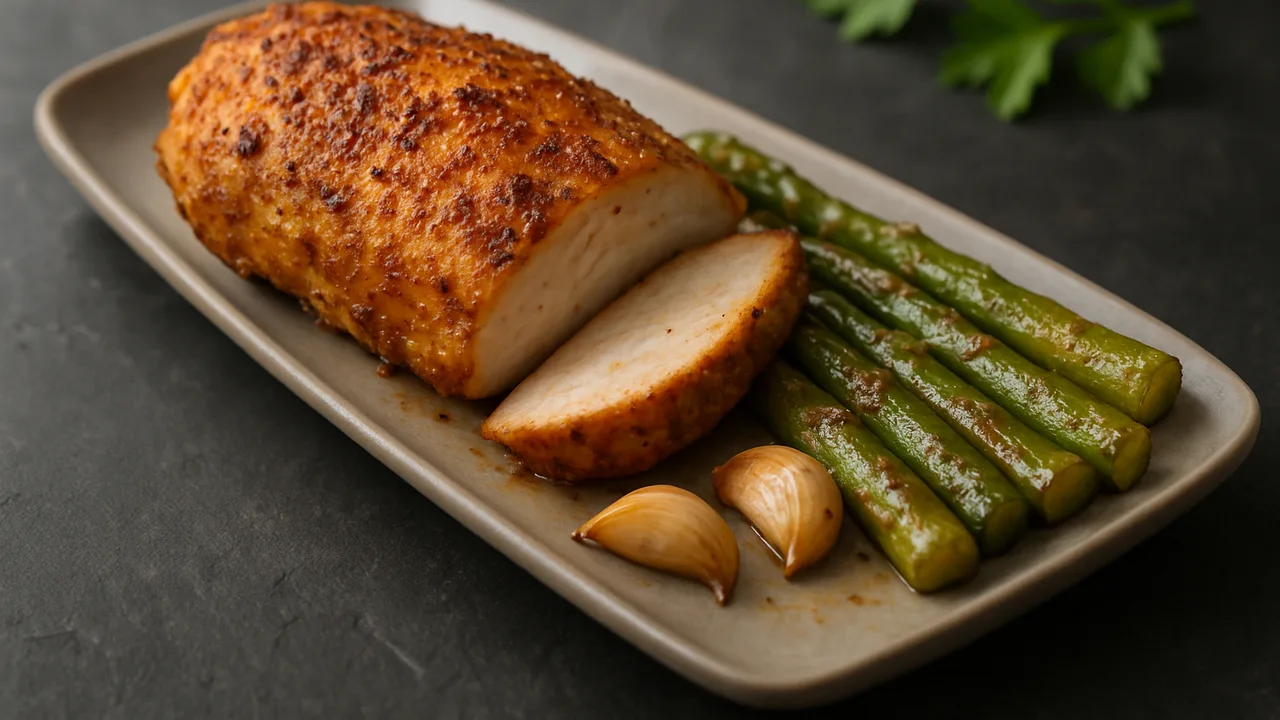 Würzig Putenbrust mit Spargel aus dem Airfryer mit Putenbrust und grüner Spargel, auf dunklem Schiefer angerichtet.
