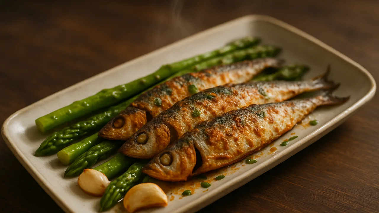 Würzig Sardinen mit Spargel aus dem Airfryer mit frische Sardinen und grüner Spargel, auf dunklem Walnussholz angerichtet.