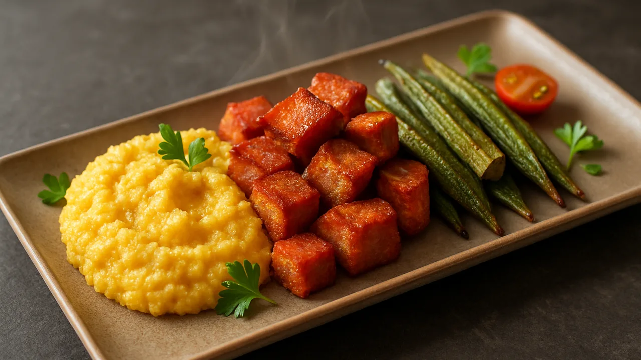 Würzig Schinken Bowl mit Polenta und Okra aus dem Airfryer mit Schinken und Polenta, auf dunklem Schiefer angerichtet.