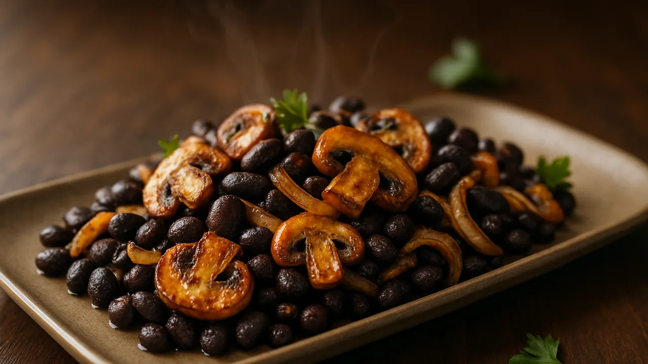 Würzig Schwarze Bohnen mit Champignons aus dem Airfryer mit Schwarze Bohnen und Champignons, auf dunklem Walnussholz …