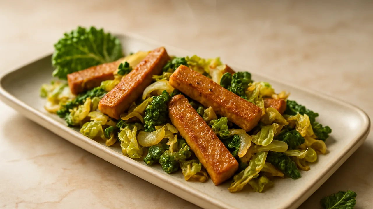 Würzig Seitan mit Wirsing aus dem Airfryer mit Seitan und Wirsing, auf beigem Marmor angerichtet.