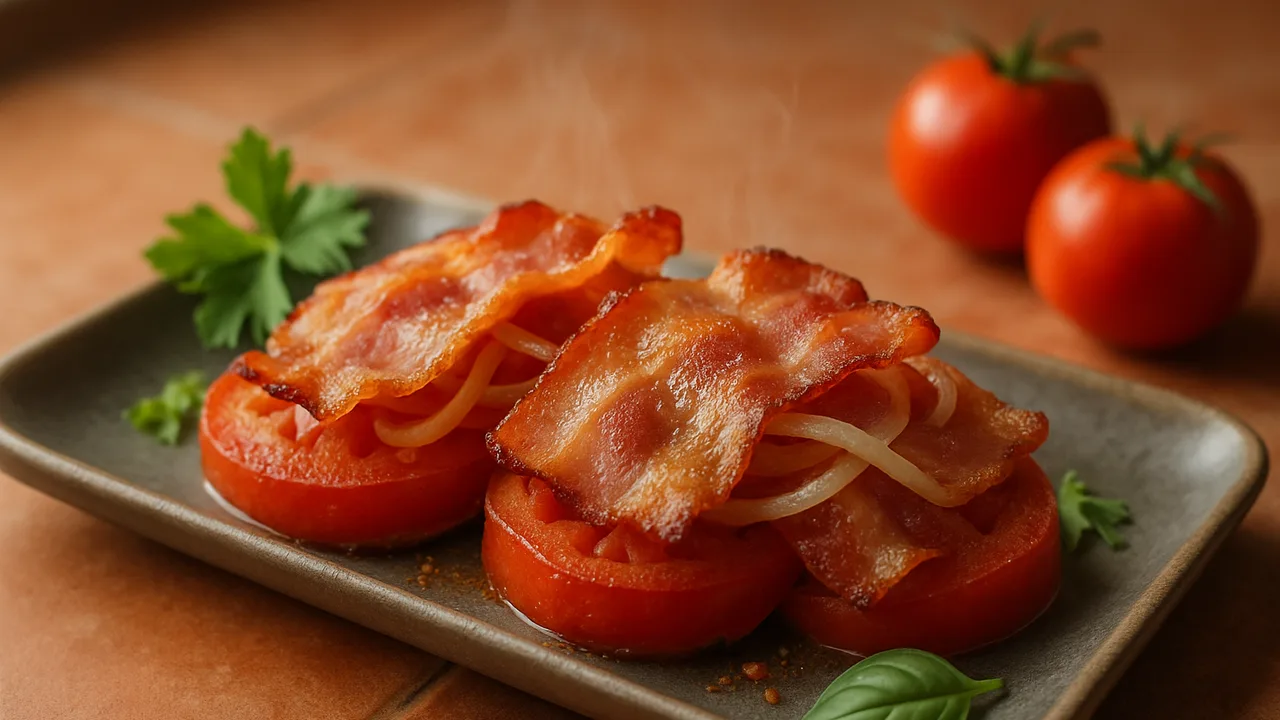 Würzig Speck mit Tomate aus dem Airfryer mit Speck und Tomaten, auf Terracotta-Fliesen angerichtet.