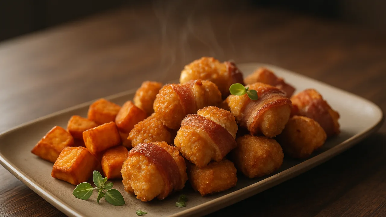 Würzige Speck-Nuggets mit Süßkartoffel aus dem Airfryer mit Hähnchenbrust und Speckscheiben, auf dunklem Walnussholz …