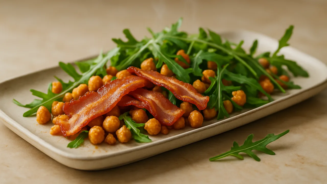 Würzig Speck-Rucola-Schale aus dem Airfryer mit Speckstreifen und Kichererbsen, auf beigem Marmor angerichtet.