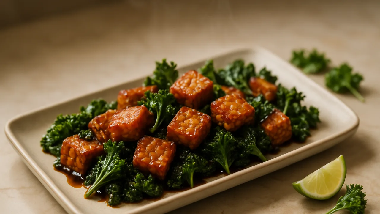 Würzig Tempeh mit Grünkohl aus dem Airfryer mit Tempeh und Grünkohl, auf beigem Marmor angerichtet.