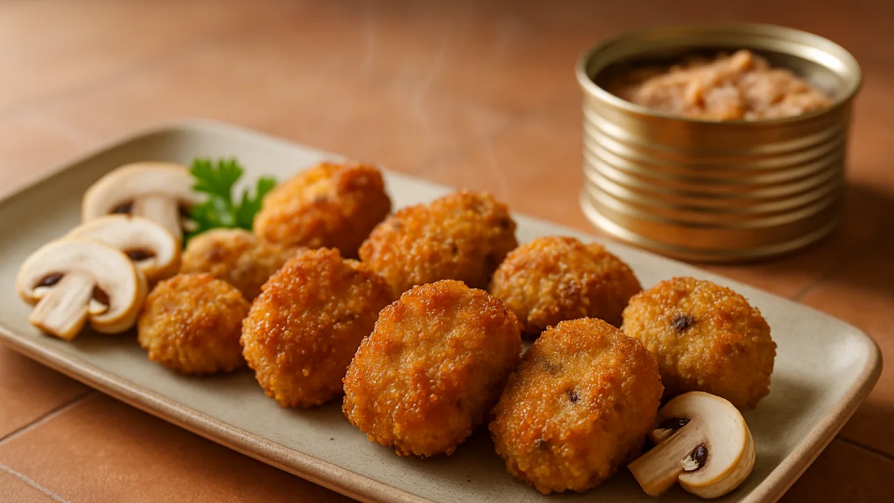 Würzig Thunfisch Nuggets mit Champignons aus dem Airfryer mit Thunfisch, aus der Dose, abgetropft und Ei, auf …