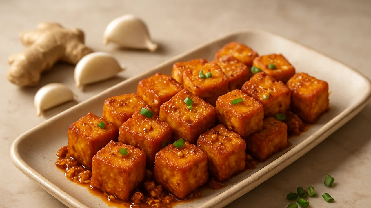 Würzig Tofu mit Knoblauch aus dem Airfryer mit Tofu, extra fest und Knoblauchzehen, auf beigem Marmor angerichtet.