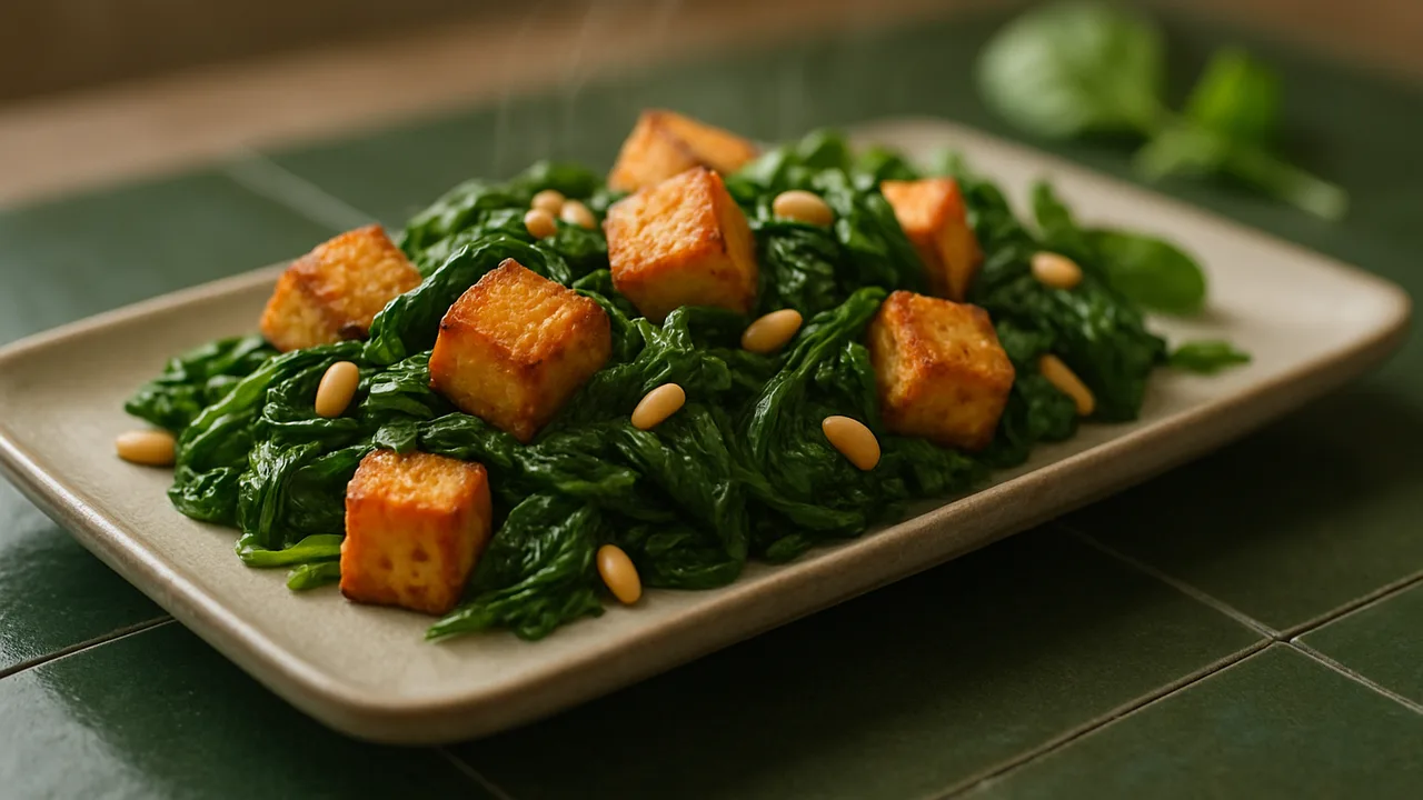 Würzig Tofu-Spinat mit Pinienkernen aus dem Airfryer mit Tofu und Blattspinat, auf dunkelgrünen Fliesen angerichtet.