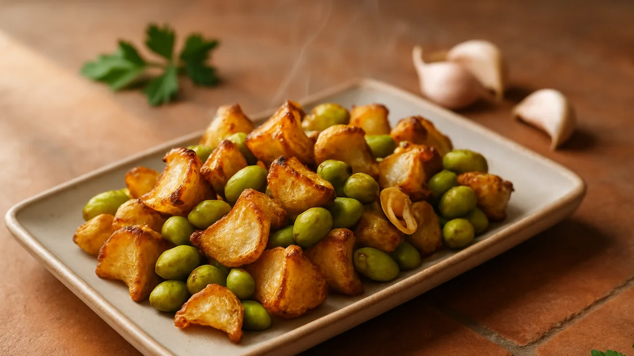 Würzig Topinambur-Edamame-Röstchen aus dem Airfryer mit Topinambur und Edamame, auf Terracotta-Fliesen angerichtet.