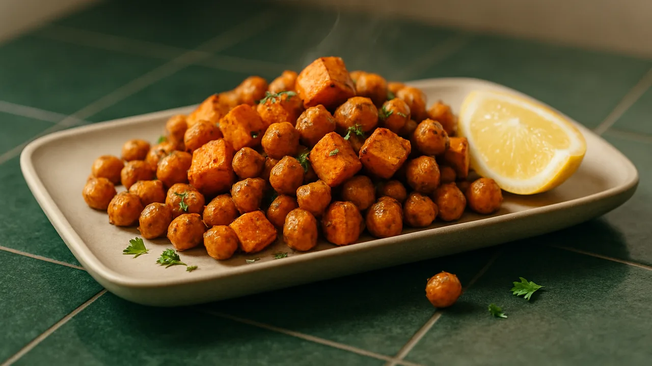 Würzige Kichererbsen mit Süßkartoffel aus dem Airfryer mit Kichererbsen und Süßkartoffel, auf dunkelgrünen Fliesen …