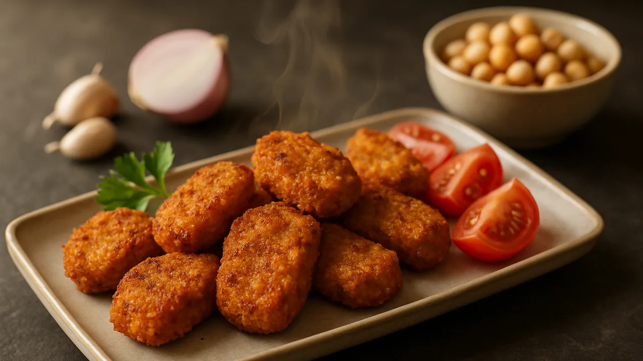 Würzige Kichererbsen-Nuggets mit Tomaten aus dem Airfryer mit Kichererbsen, abgetropft und Zwiebel, auf dunklem Schiefer …