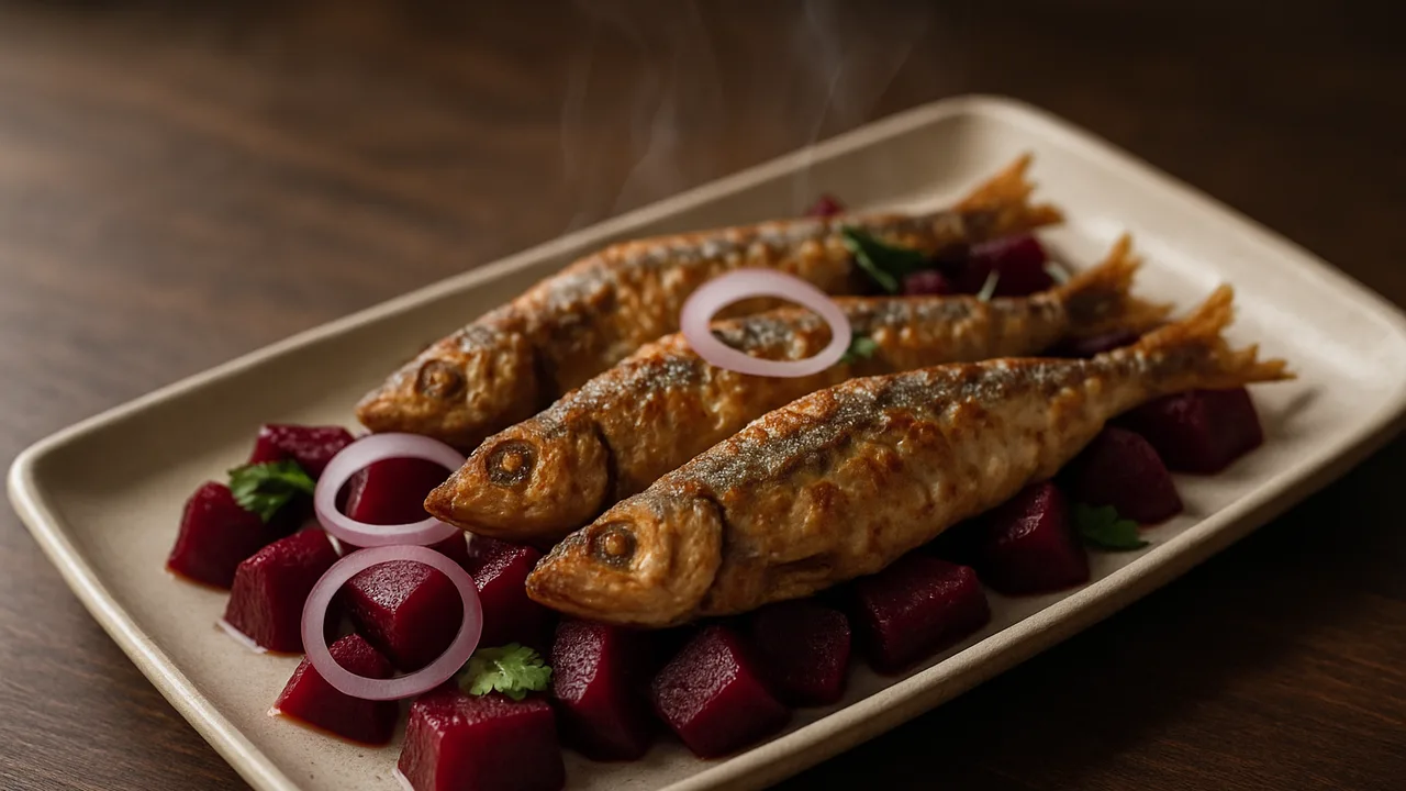 Würzige Sardinen mit Rote Bete aus dem Airfryer mit Rote Bete und Sardinen, auf dunklem Walnussholz angerichtet.
