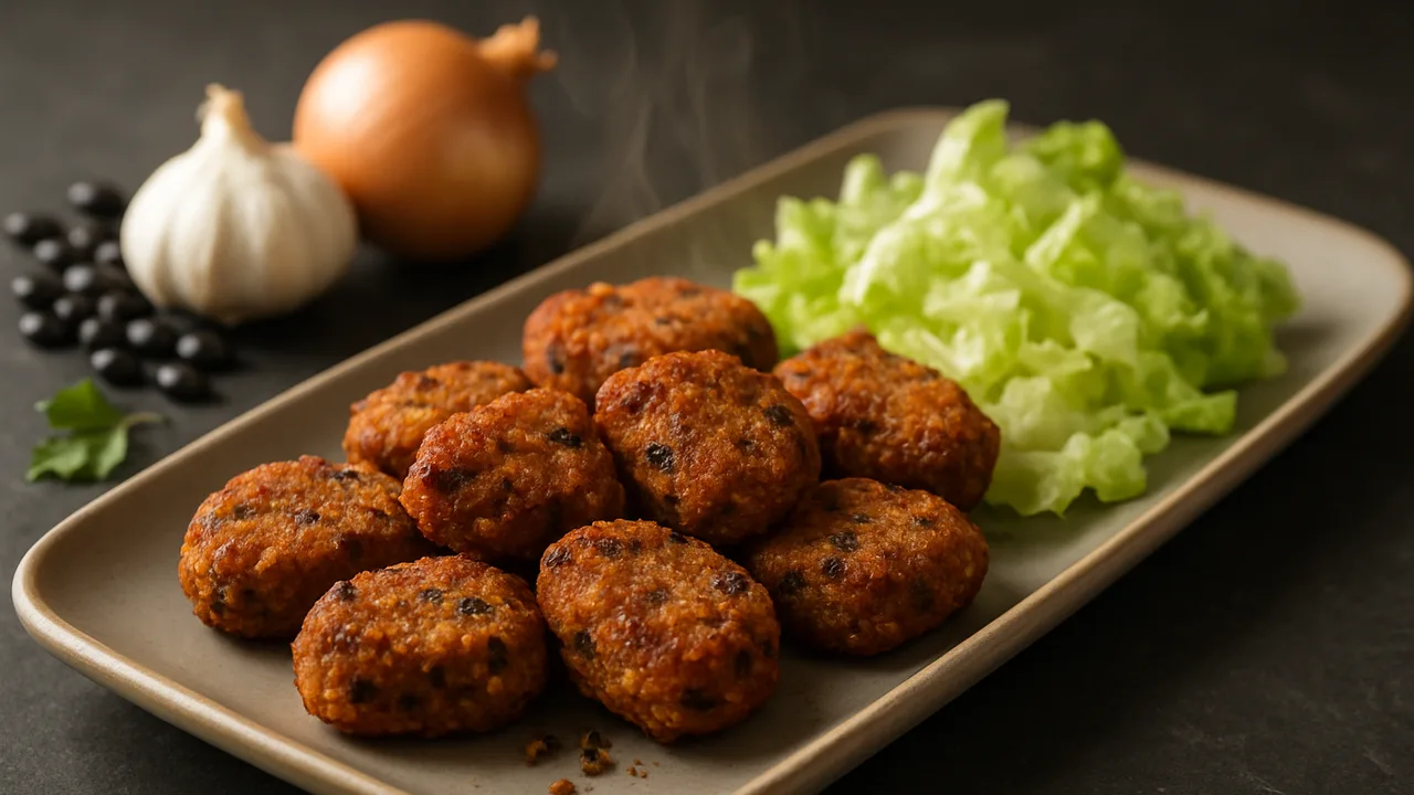 Würzig Schwarze Bohnen Nuggets mit Eisbergsalat aus dem Airfryer mit Schwarze Bohnen und Zwiebel, auf dunklem Schiefer …