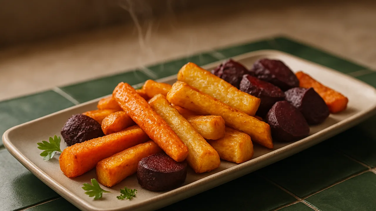 Wurzelgemüse mit Karotte, Pastinake und Roter Bete aus dem Airfryer mit Karotten und Pastinaken, auf dunkelgrünen Fliesen …