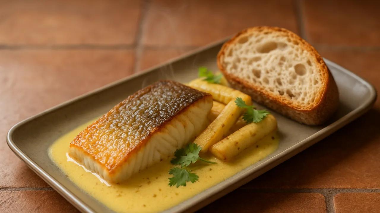 Zander Curry mit Pastinake und Brot aus dem Airfryer mit Zanderfilet und Pastinake, auf Terracotta-Fliesen angerichtet.