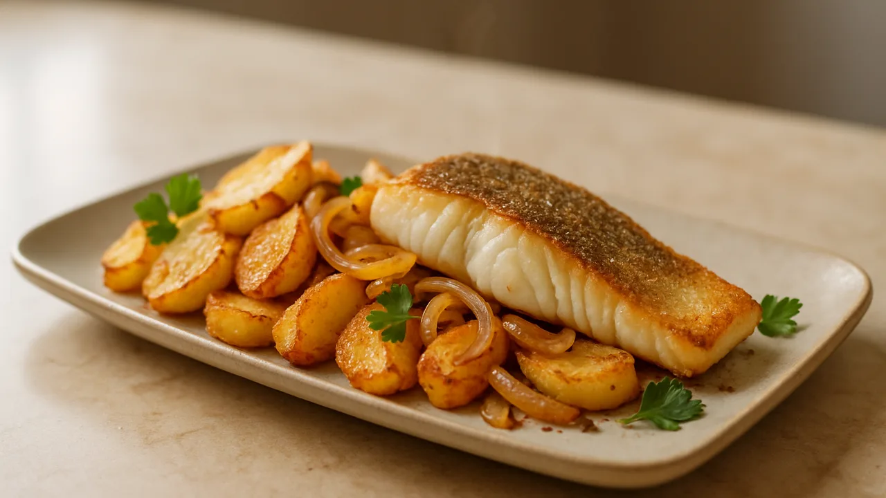 Zander-Kartoffel-Pfanne aus dem Airfryer mit Zanderfilet und Kartoffeln, auf beigem Marmor angerichtet.