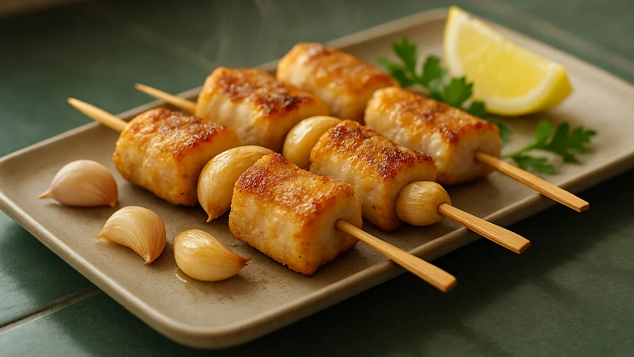 Zander-Spieße mit Knoblauch aus dem Airfryer mit Zanderfilet und Knoblauchzehen, auf dunkelgrünen Fliesen angerichtet.