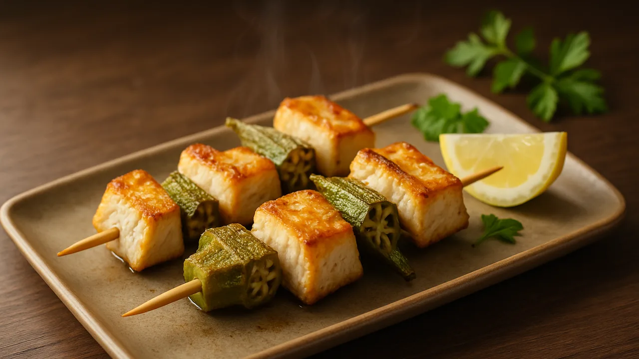 Zander-Spieße mit Okra aus dem Airfryer mit Zanderfilet und Okra, auf dunklem Walnussholz angerichtet.