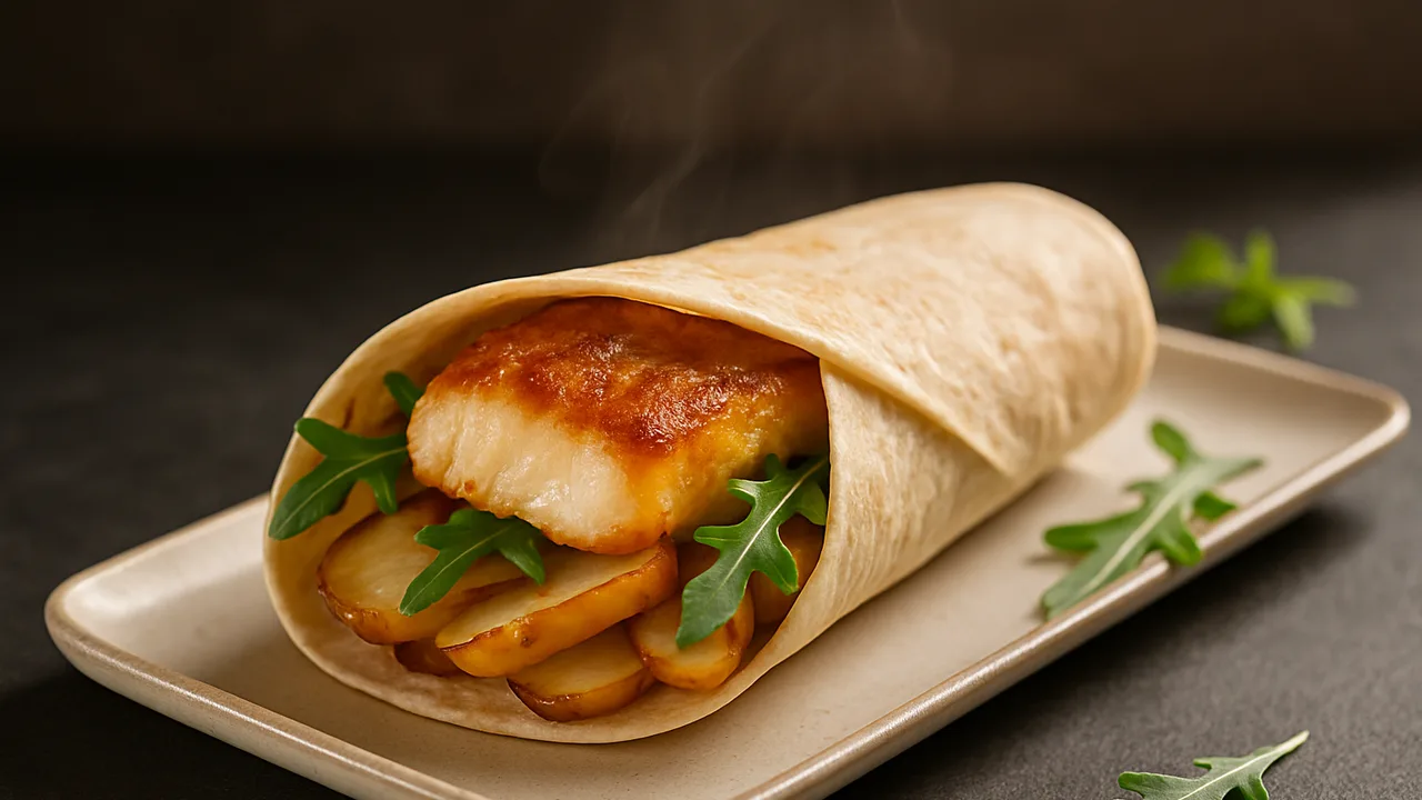Zander-Topinambur Wrap aus dem Airfryer mit Zanderfilet und Topinambur, auf dunklem Schiefer angerichtet.