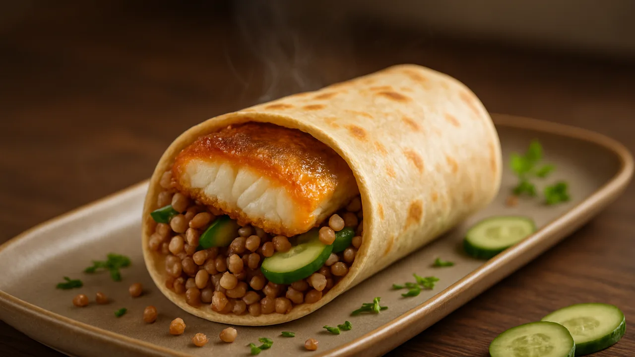 Zander Wrap mit Gurke und Buchweizen aus dem Airfryer mit Zanderfilet und Weizentortilla, auf dunklem Walnussholz …