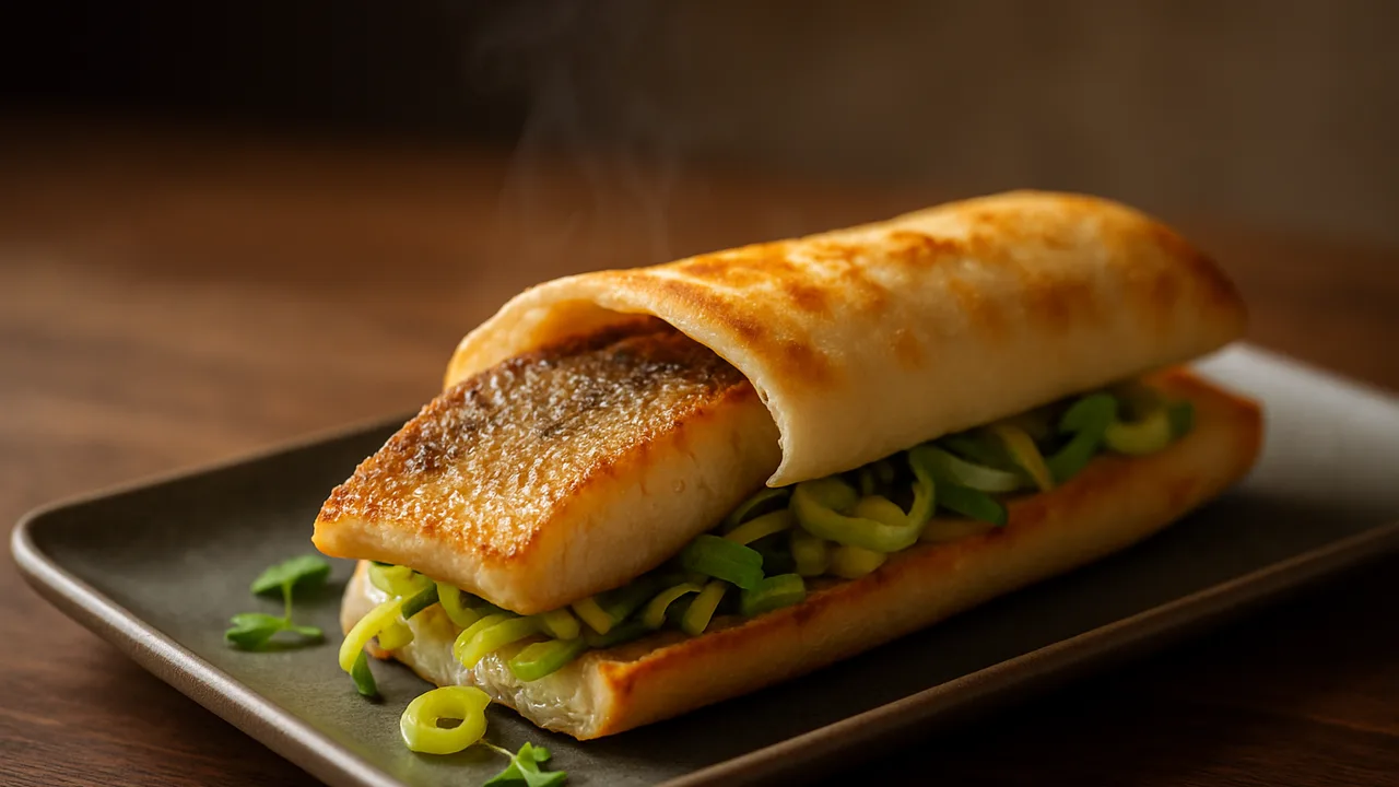Zander Wrap mit Lauch und Baguette aus dem Airfryer mit Zanderfilet und Lauch, auf dunklem Walnussholz angerichtet.