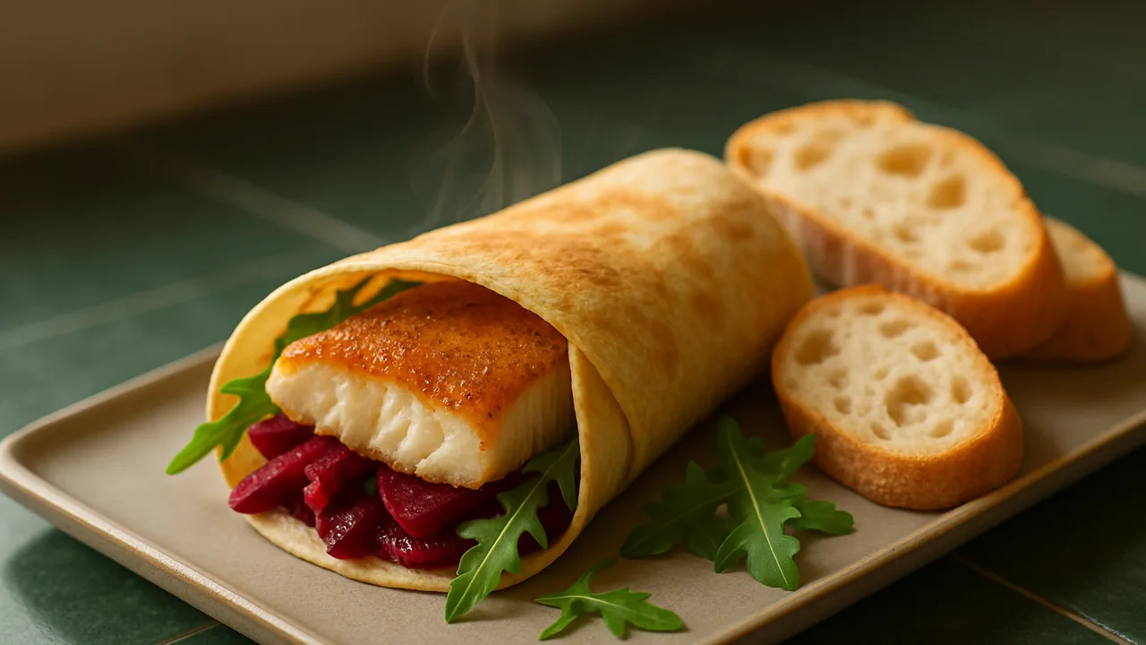 Zander Wrap mit Rote Bete und Baguette aus dem Airfryer mit Zanderfilet und Rote Bete, auf dunkelgrünen Fliesen angerichtet.