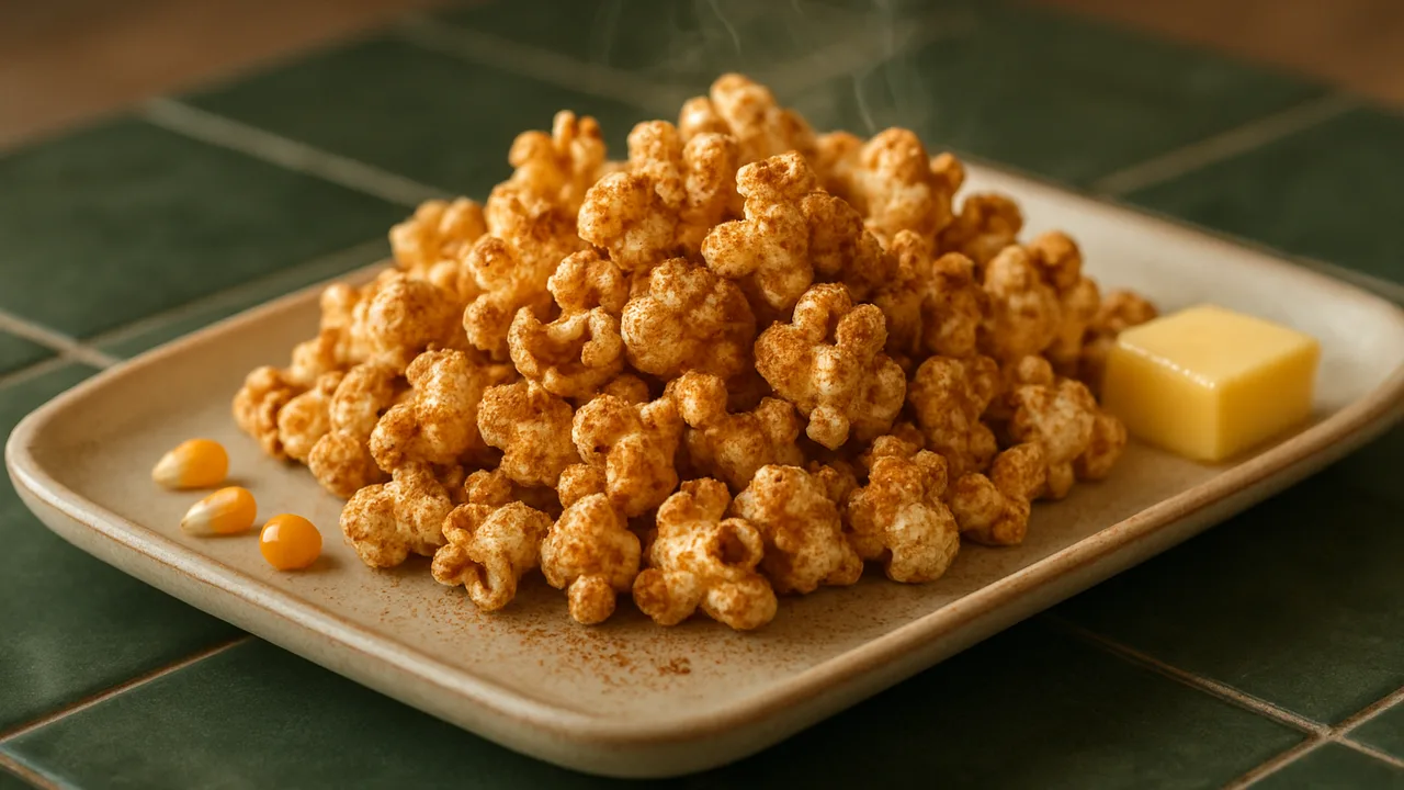 Zimt-Zucker-Popcorn aus dem Airfryer mit Popcornmais und Butter, auf dunkelgrünen Fliesen angerichtet.
