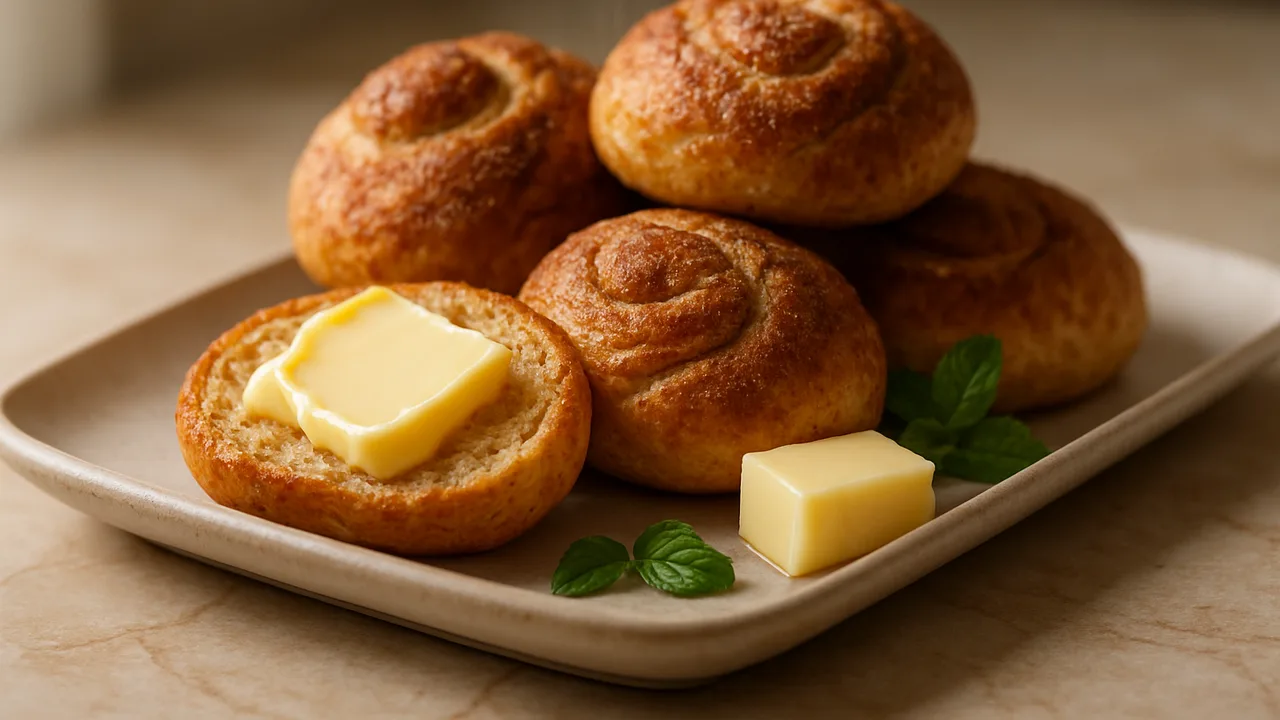 Zimtbrötchen zum Frühstück aus dem Airfryer mit Brötchen und Butter, auf beigem Marmor angerichtet.