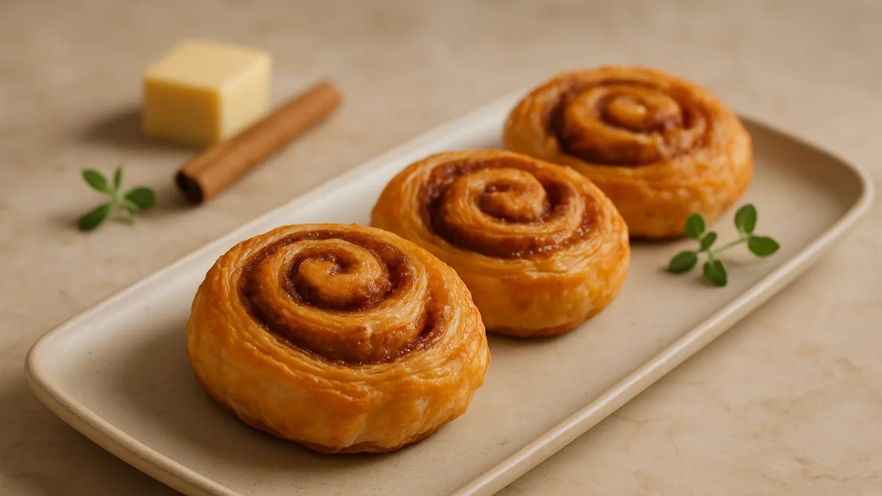 Zimtschnecken aus Blätterteig – die Schnellversion aus dem Airfryer mit Blätterteig und Butter, auf beigem Marmor …