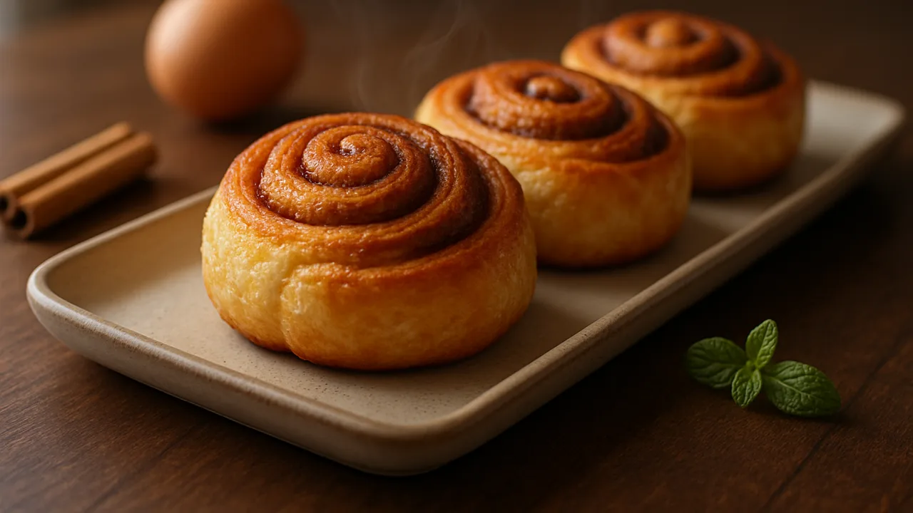 Zimtschnecken aus Hefeteig aus dem Airfryer mit Trockenhefe und Milch, auf dunklem Walnussholz angerichtet.
