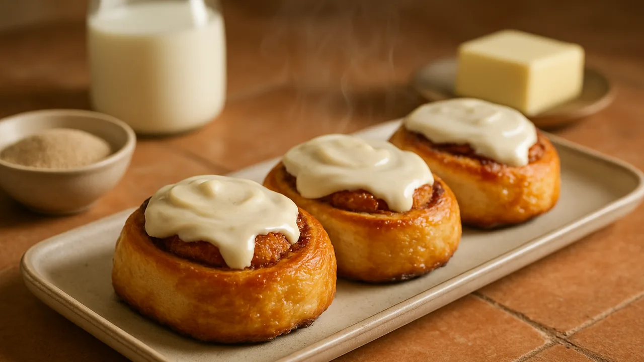 Zimtschnecken mit Frischkäse-Topping aus dem Airfryer mit Trockenhefe und Milch, auf Terracotta-Fliesen angerichtet.