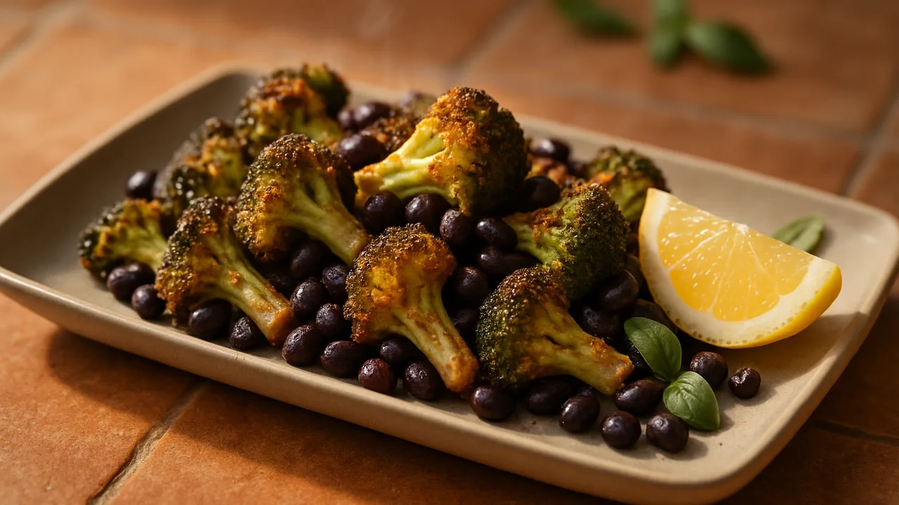 Zitronen-Brokkoli-Schwarze Bohnen-Röstchen aus dem Airfryer mit Brokkoli und schwarze Bohnen, auf Terracotta-Fliesen …