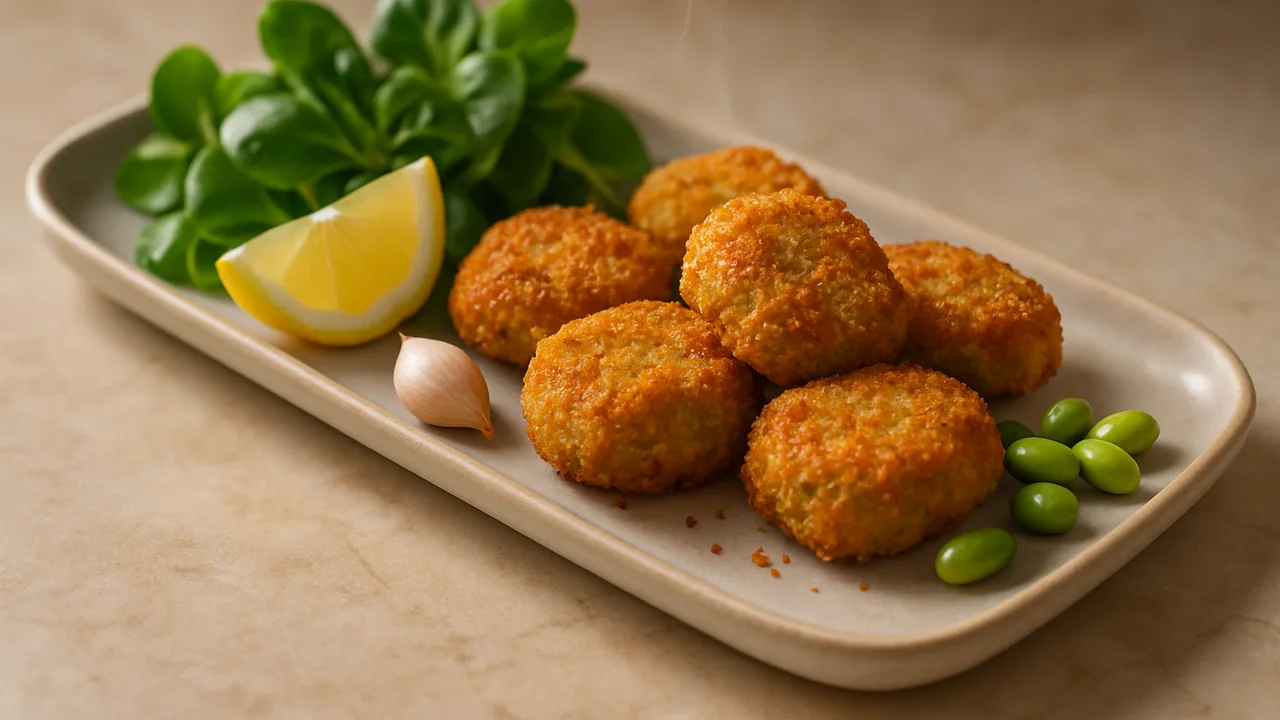 Zitronen-Edamame Nuggets mit Feldsalat aus dem Airfryer mit Edamame, geschält und gekocht und Knoblauchzehe, auf beigem …