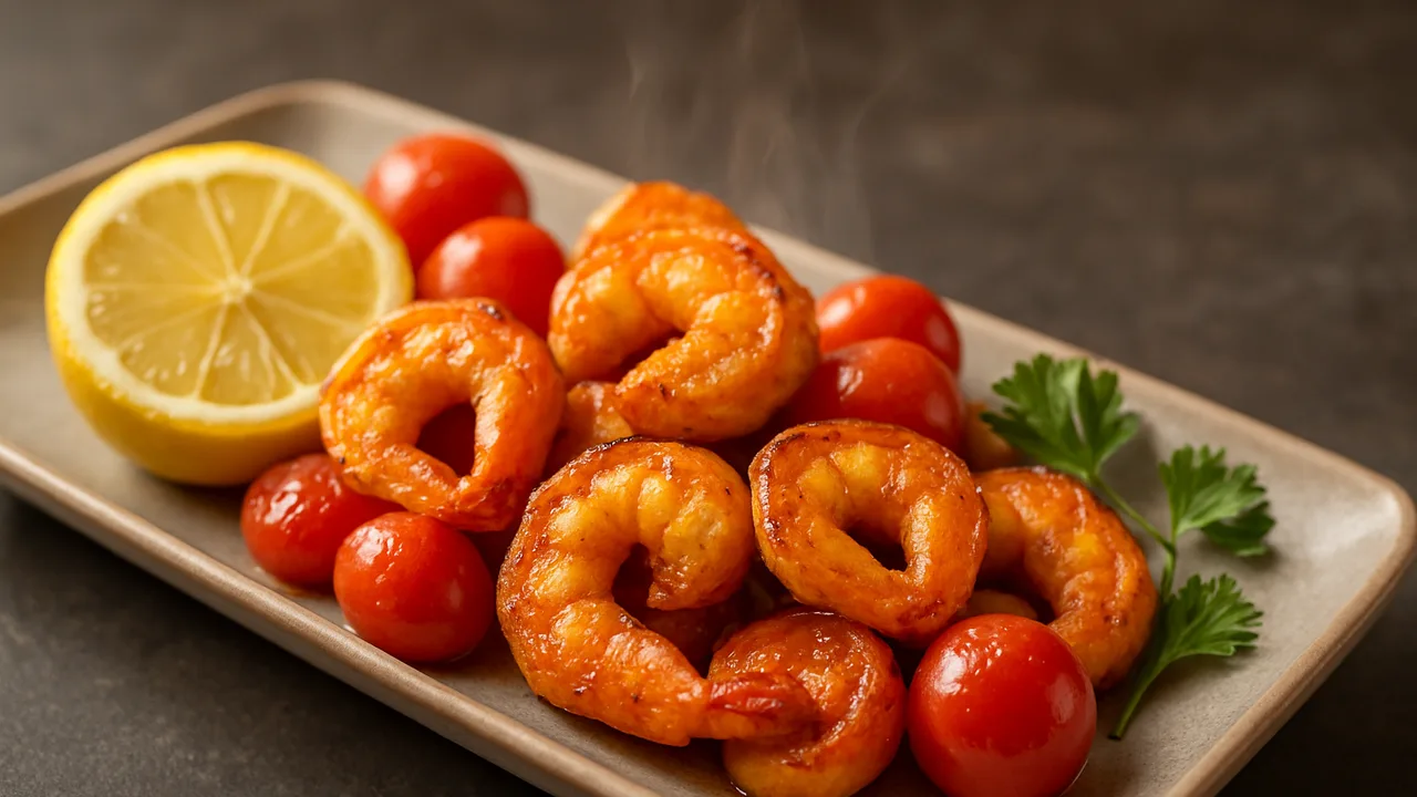 Zitronen-Garnelen-Tomaten-Schale aus dem Airfryer mit Garnelen und Kirschtomaten, auf dunklem Schiefer angerichtet.