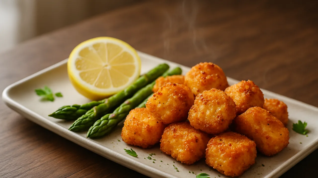 Zitronen-Halloumi Nuggets mit Spargel aus dem Airfryer mit Halloumi und grüner Spargel, auf dunklem Walnussholz angerichtet.