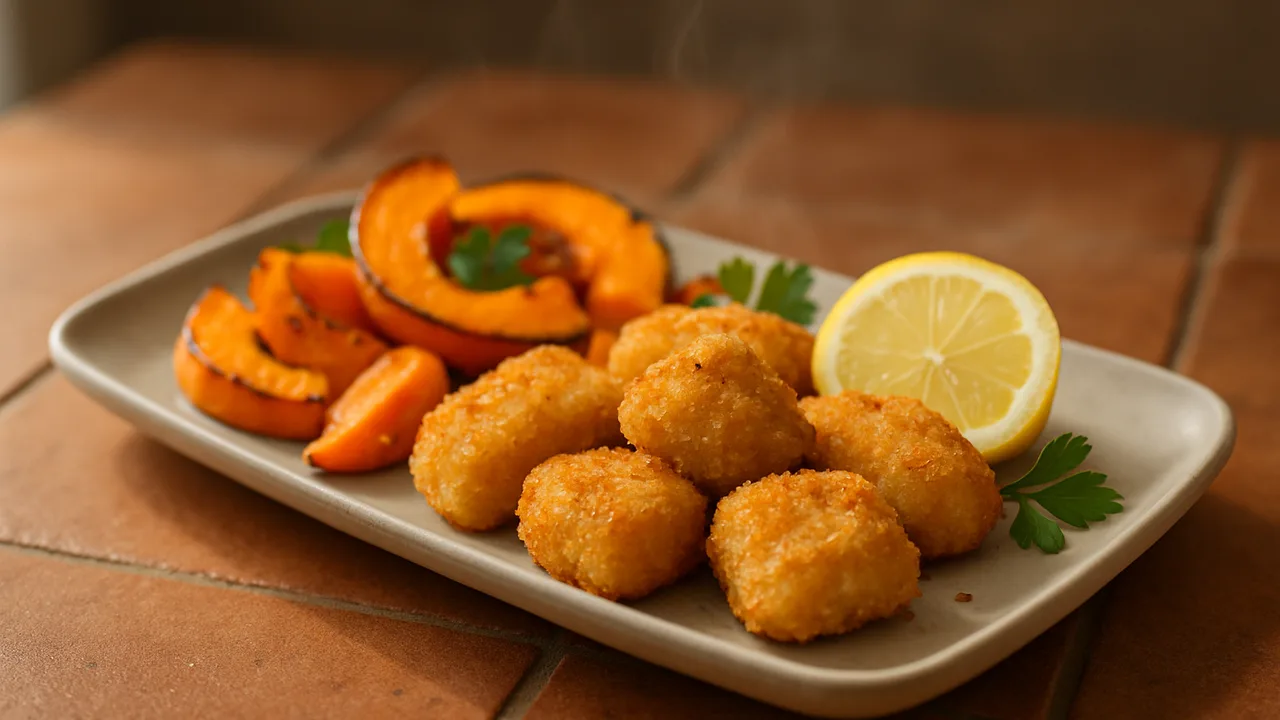 Zitronen-Kabeljau Nuggets mit Kürbis aus dem Airfryer mit Kabeljaufilet und Kürbis, auf Terracotta-Fliesen angerichtet.