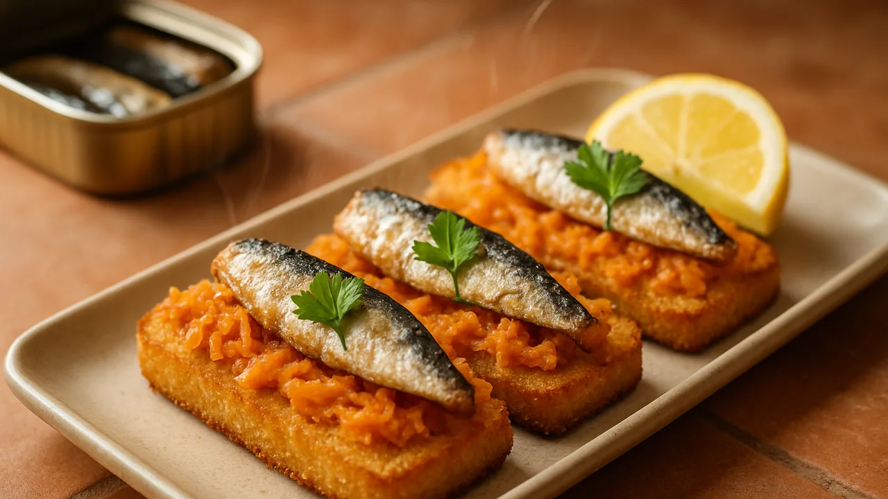 Zitronen-Karotte-Sardinen-Röstchen aus dem Airfryer mit Sardinen aus der Dose und Karotten, auf Terracotta-Fliesen …