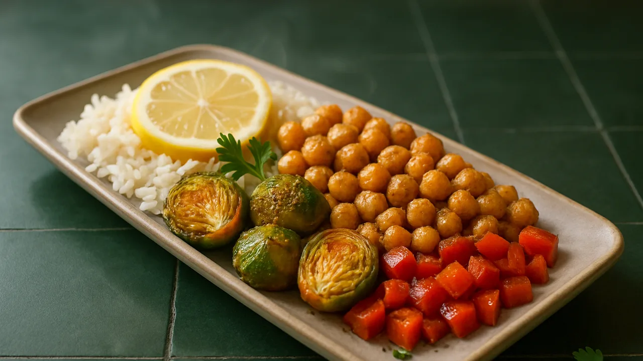 Zitronen-Kichererbsen Bowl mit Reis und Rosenkohl aus dem Airfryer mit Kichererbsen und Rosenkohl, auf dunkelgrünen Fliesen …