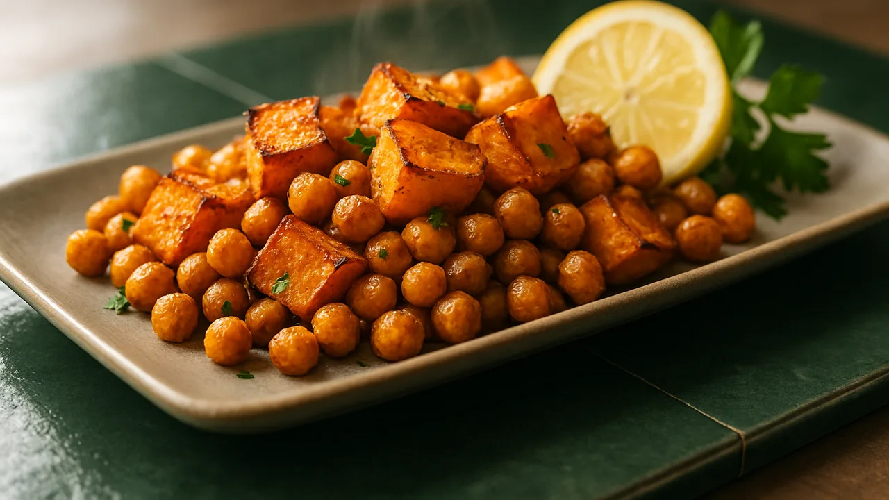 Zitronen-Kichererbsen mit Süßkartoffel aus dem Airfryer mit Kichererbsen, abgetropft und Süßkartoffel, auf dunkelgrünen …