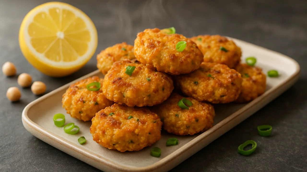 Zitronen-Kichererbsen Nuggets mit Frühlingszwiebel aus dem Airfryer mit Kichererbsen und Zitrone, auf dunklem Schiefer …
