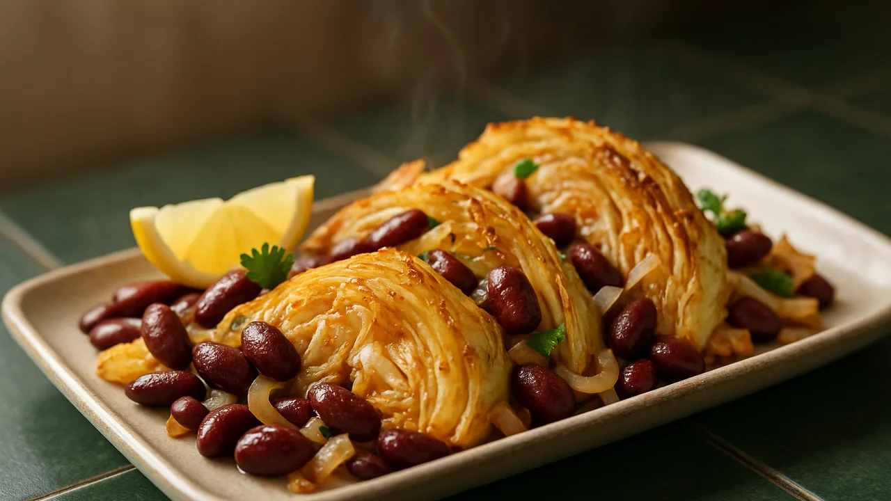 Zitronen-Kidneybohnen-Weißkohl-Schale aus dem Airfryer mit Weißkohl und Kidneybohnen (Dose, abgetropft), auf dunkelgrünen …