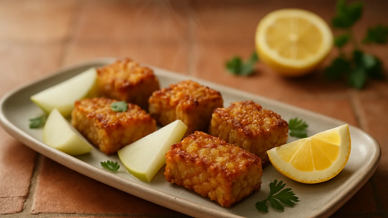 Zitronen-Kohlrabi-Tempeh-Röstchen aus dem Airfryer mit Tempeh und Kohlrabi, auf Terracotta-Fliesen angerichtet.