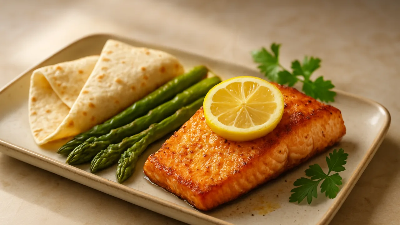 Zitronen-Lachs Bowl mit Tortilla-Wraps und Spargel aus dem Airfryer mit Lachsfilet und grüner Spargel, auf beigem Marmor …