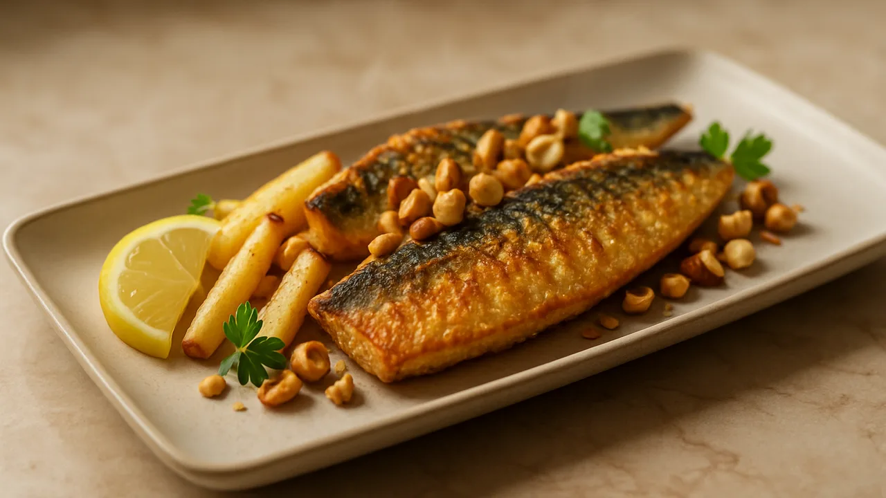 Zitronen-Makrele mit Pastinake und Haselnüssen aus dem Airfryer mit Makrelenfilets und Pastinaken, auf beigem Marmor …